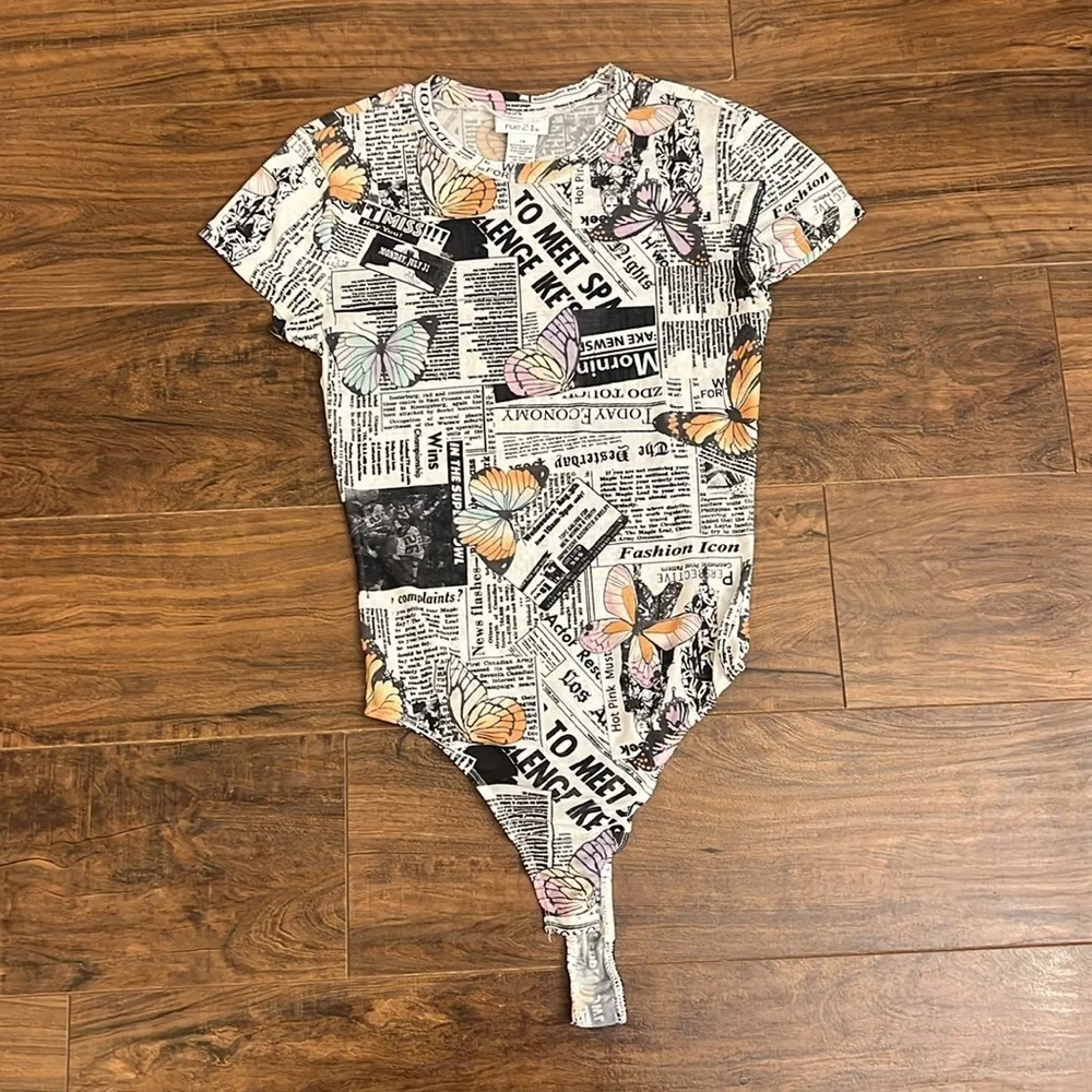 White Black Color Butterfly Newspaper Print Bodysuit by Rue 21, Sz. XS. - Picture 5 of 8